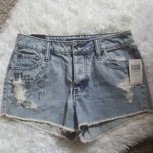 Hot Topic Jean Shorts Black Heart Hi Rise Distressed Skull Moon Bolt Button Fly